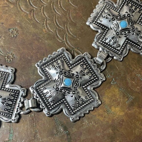 Womens Western Southwest Silver Cross Chain belt adjustable TO 40" Turquoise - Picture 7 of 7